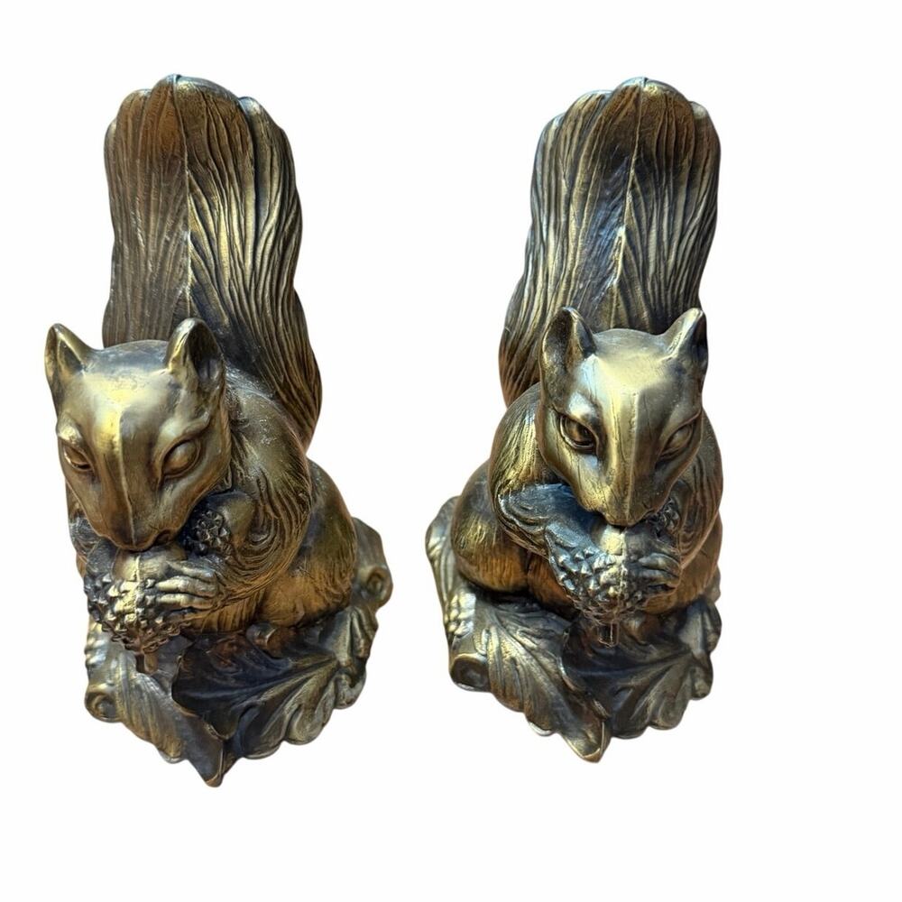 Vintage 1975 SCC Bronze Brass Squirrels Acorns Bookends Pair Set